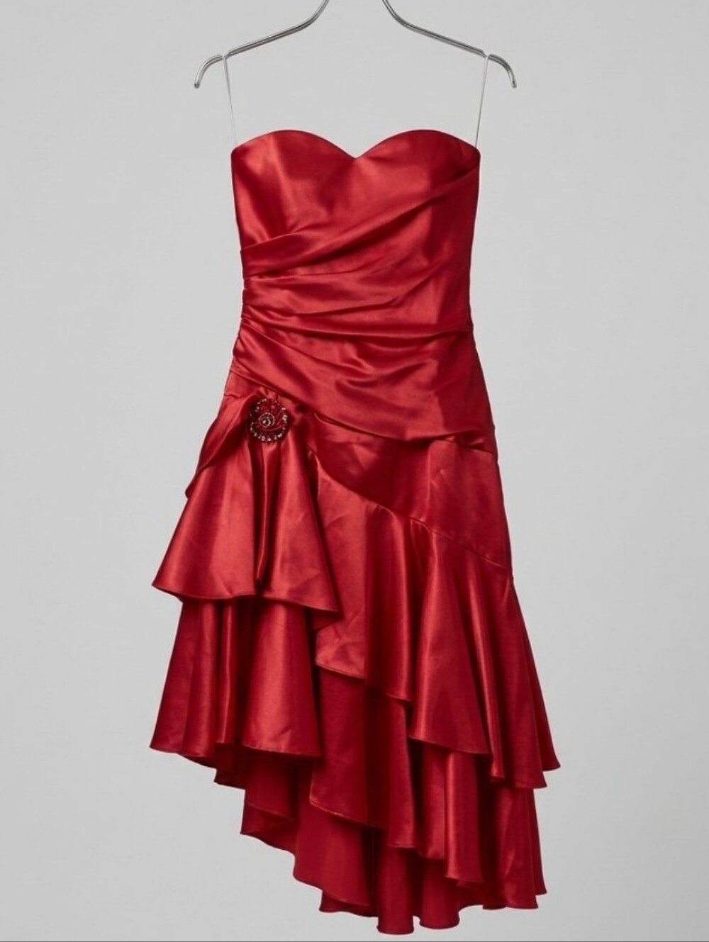 Faviana Red Satin Asymmetrical Ruffle Cocktail Dress Sz 5/6